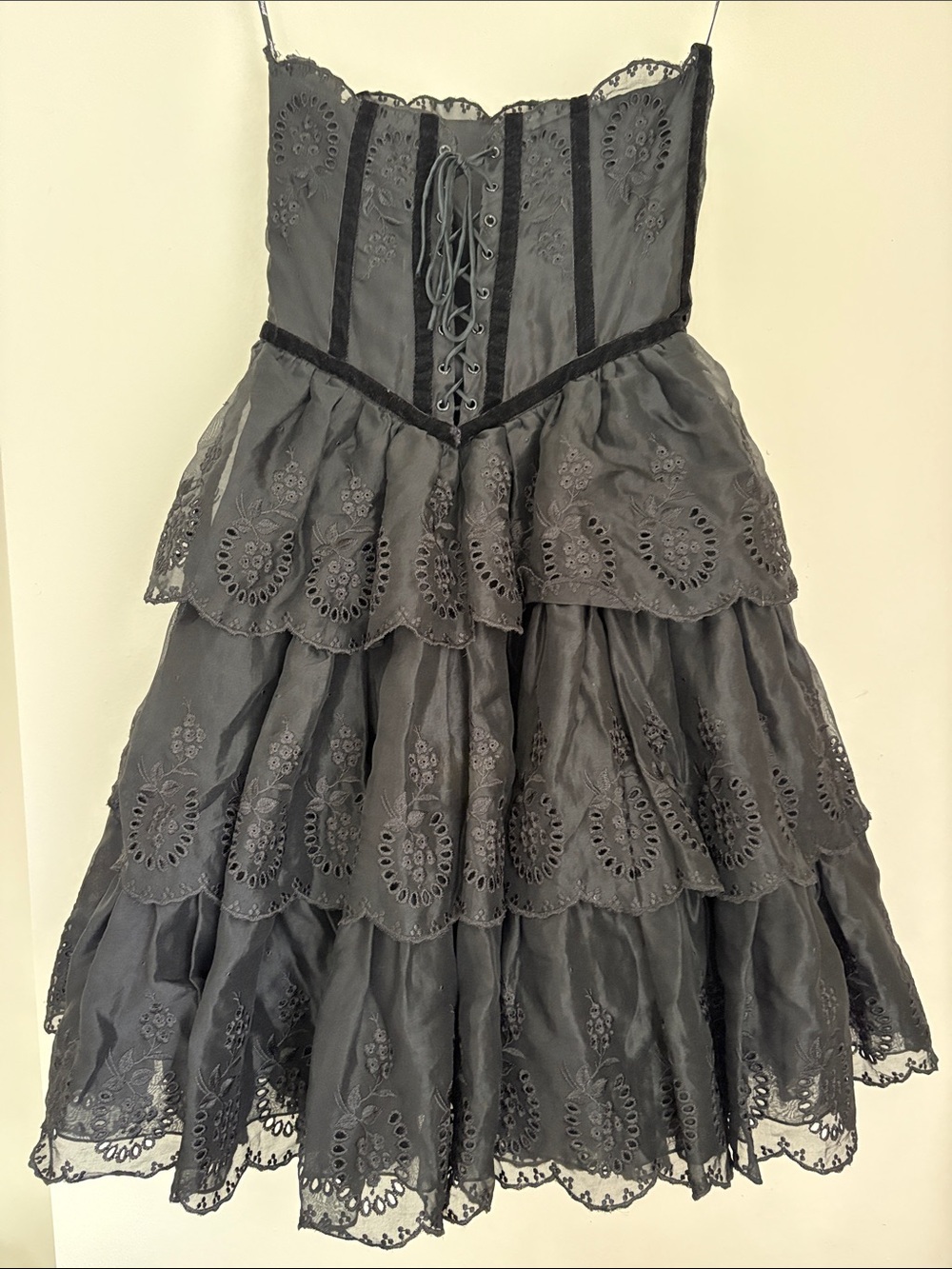 Betsey Johnson Black Strapless Eyelet Tiered Mini Dress - Picture 2 of 2
